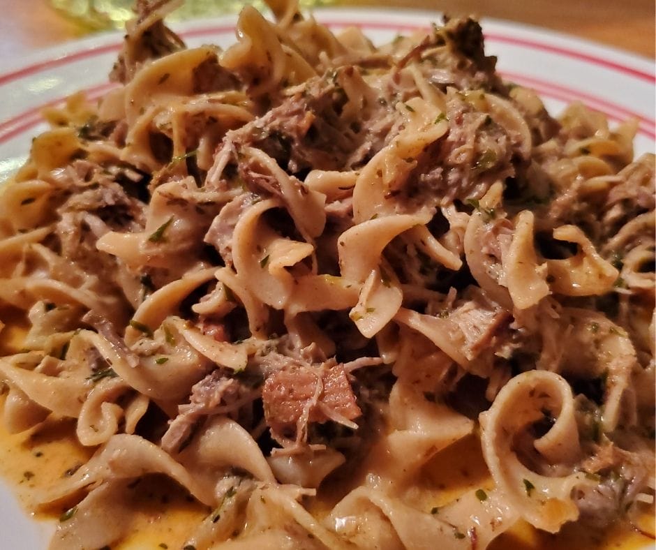 a plate of leftover pork stroganoff