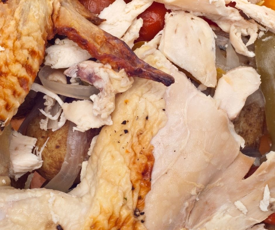 leftover chicken piled up in a pile