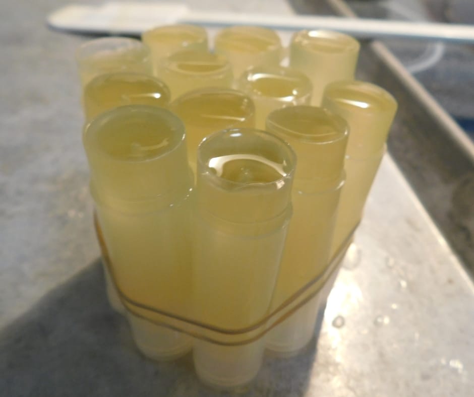 A bundle of lip chap containers rubber banded together with hot lip balm cooling inside