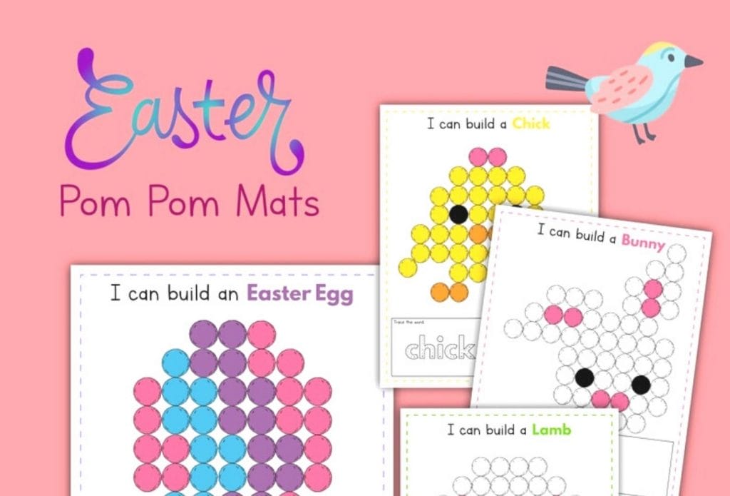 easter pom pom mats layered on a sheet