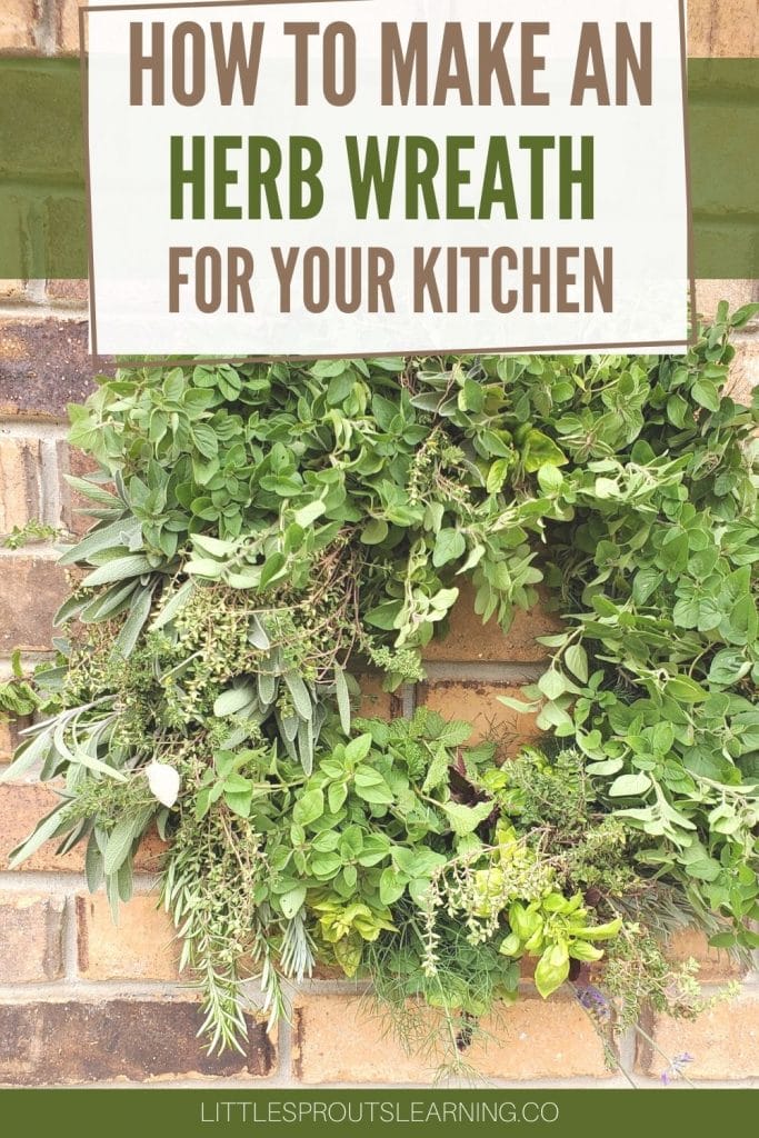 Edible herb wreath hanging on a brick wall