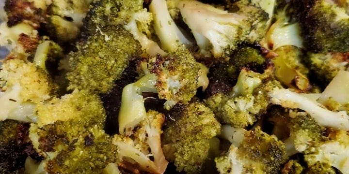 Roasted air fried broccoli in a dish