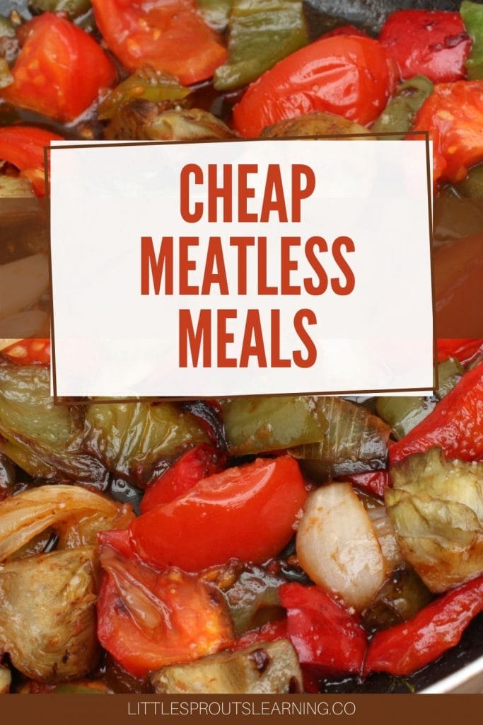 vegetable saute in a skillet with bright red peppers