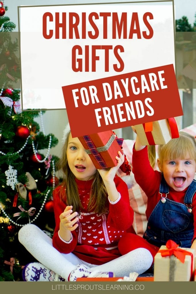 Daycare friends exchanging gifts by the Christmas tree