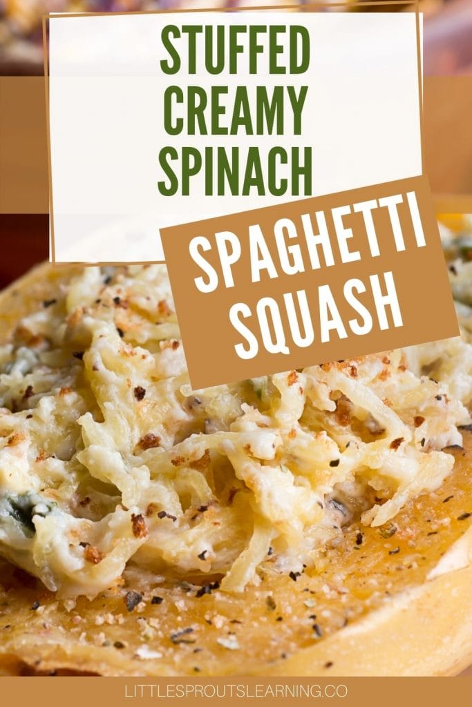 Creamy spinach stuffed spaghetti squash on a board