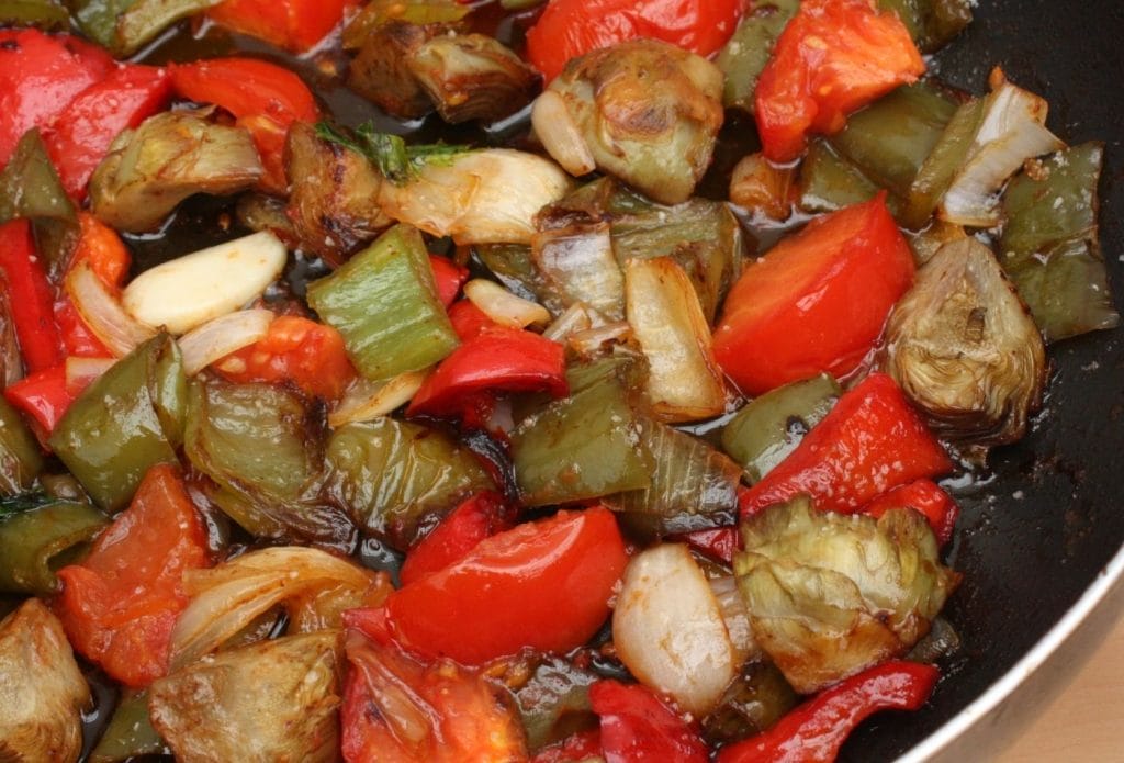Sauted vegetables in a skillet for meatless monday