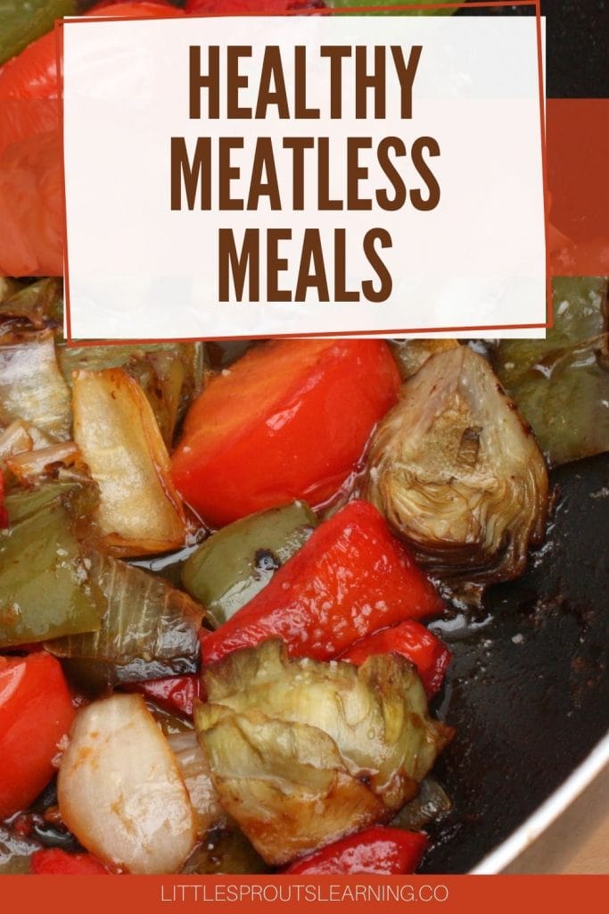 Skillet full of sauted vegetables for a healthy meatless meal