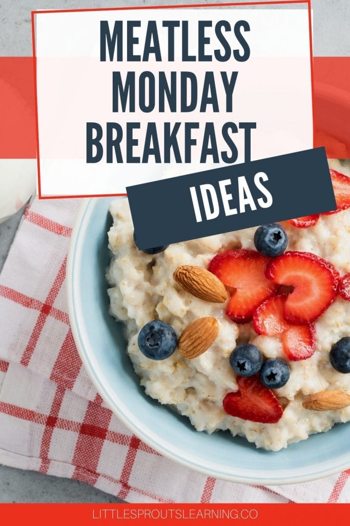 meatless monday breakfast oatmeal topped with fruit and nuts in a bowl on a towel