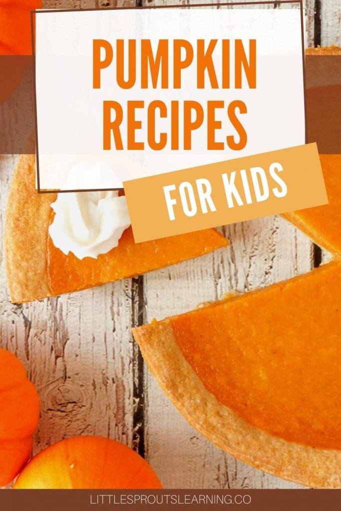 pumpkin pie on the table with a piece cut out and pumpkins beside
