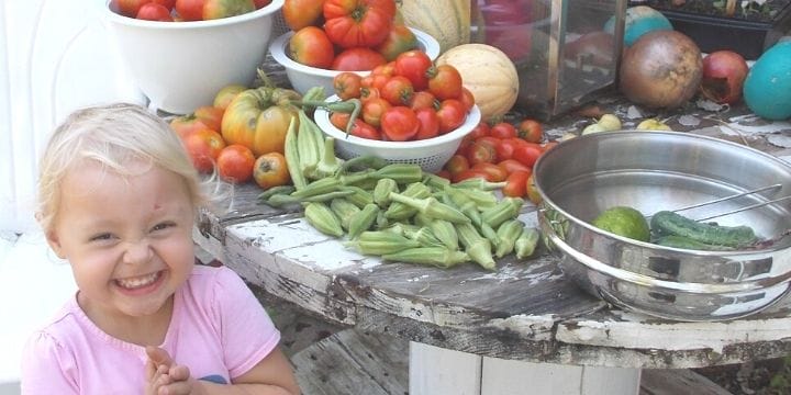 young child standing in the garden with produce they harvested