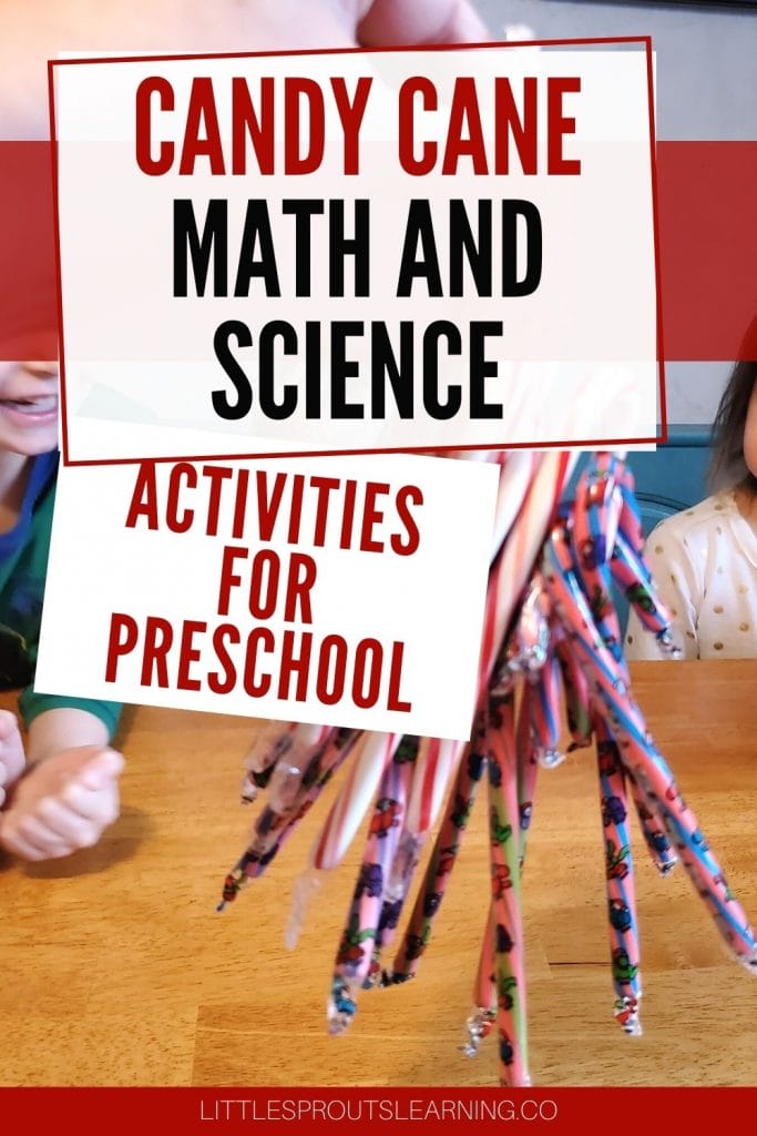 Candy canes hanging on another candy can in candy cane math activity for preschoolers