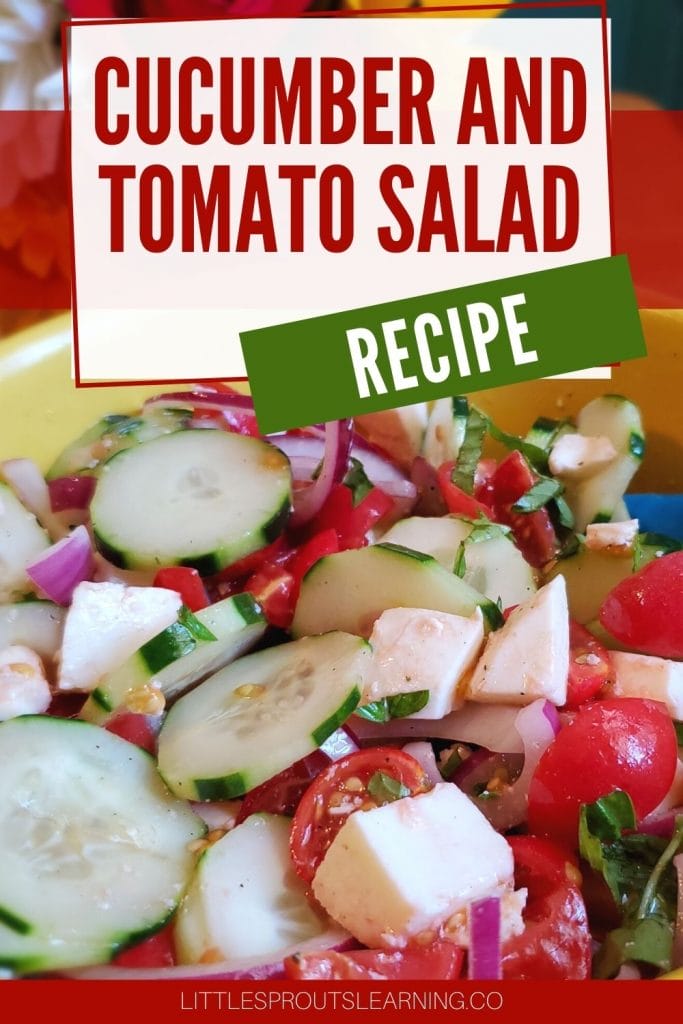 cucumber, tomato, onion, fresh mozzarella salad in a yellow bowl