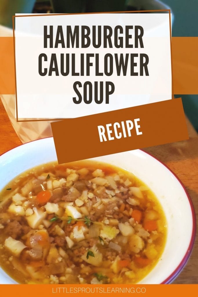 a table with a bowl of hamburger cauliflower soup