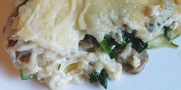 frozen alfredo lasagna baked and a piece cut on a plate