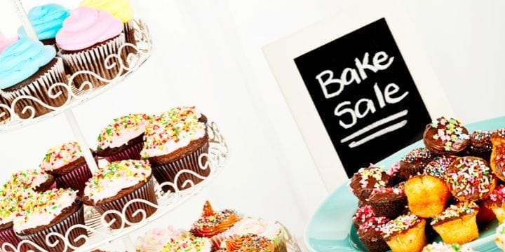 Bake sale items on a table for a preschool fundraiser