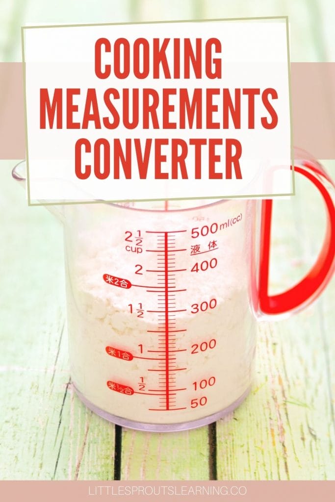 Measuring cup half filled with milk on a table showing cooking measurement conversions