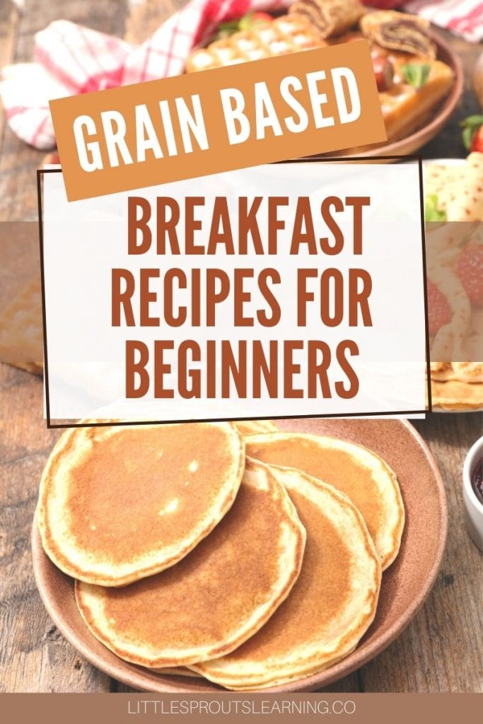 Grain based breakfast dishes like pancakes and waffles on plates with sides