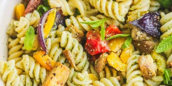 cheesy pasta with colorful vegetables