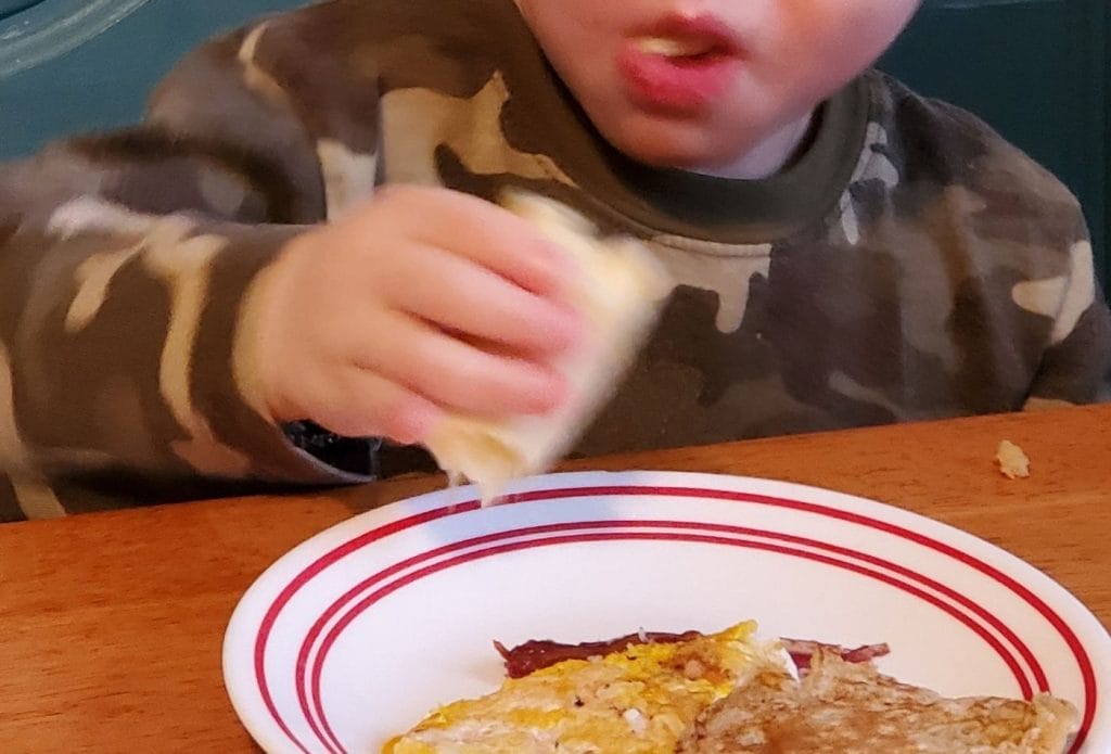 child eating healthy food at the table from a plate