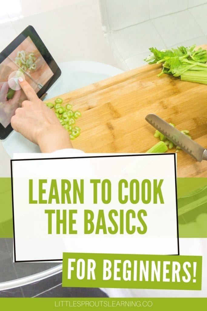 woman cutting celery and checking a tablet for instructions for learning to cook