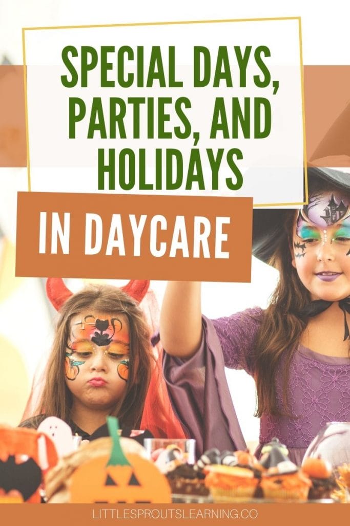 Kids dressed up in costumes looking at party food celebrating Holidays in Daycare