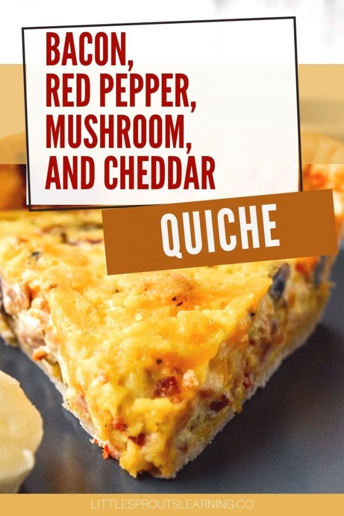 bacon and cheddar quiche slice on a plate with some sliced bananas