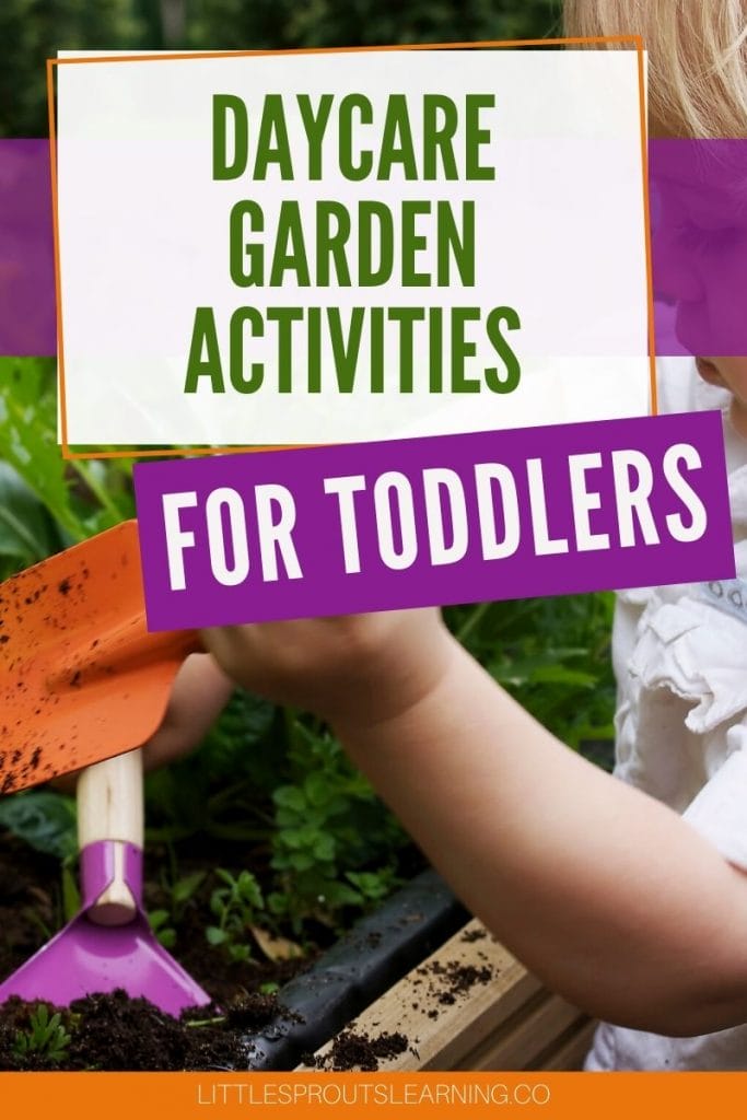 toddler in the garden with hand spades working the dirt next to plants