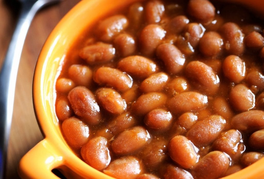 baked beans in a pot on a table
