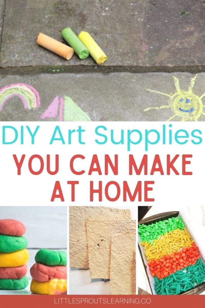 homemade chalk, playdough, paper, and colored pasta for art with kids in daycare
