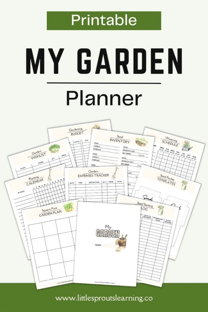 Vegetable garden planner pages printed out and displayed