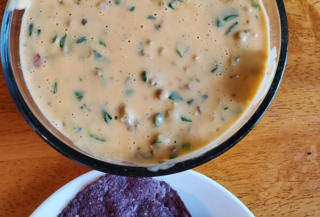 overhead shot of rotel dip with real cheese in a bowl next to a plate of blue corn chips