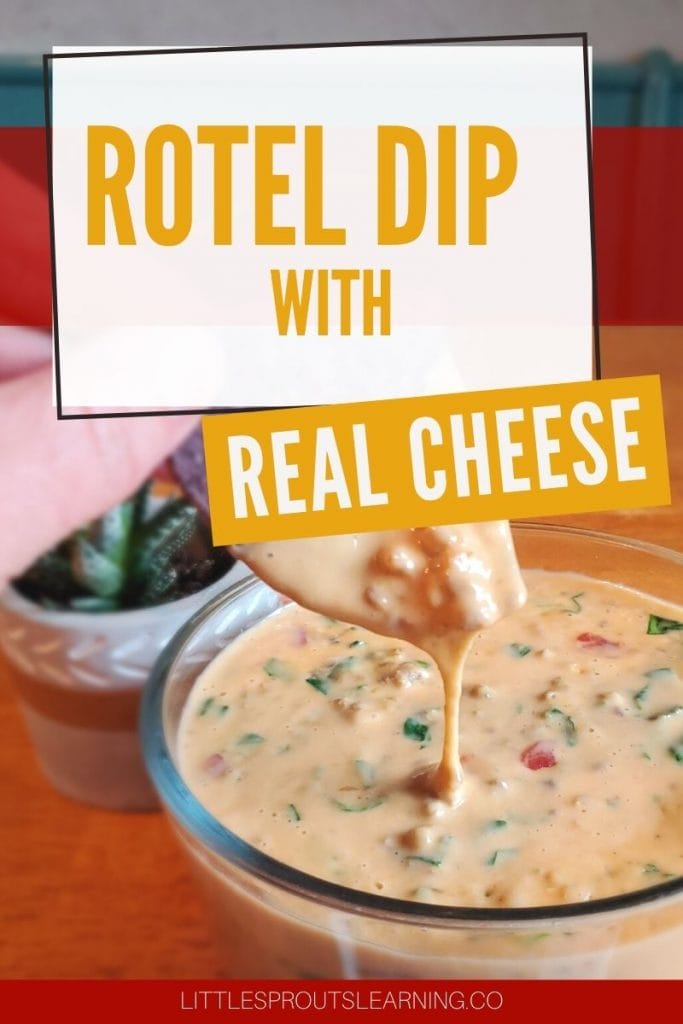 rotel dip in a bowl on the table with a chip dipping in and the dip dripping off