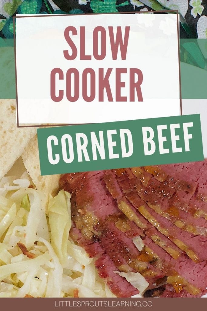 Sliced corned beef on a plate with irish cabbage and slices of bread