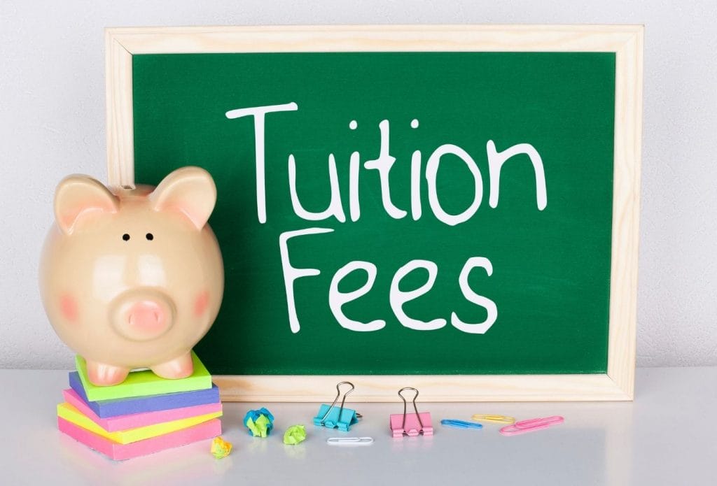 tuition fees written on a chalk baord behind a piggy bank and some paper clips showing a daycare payment policy