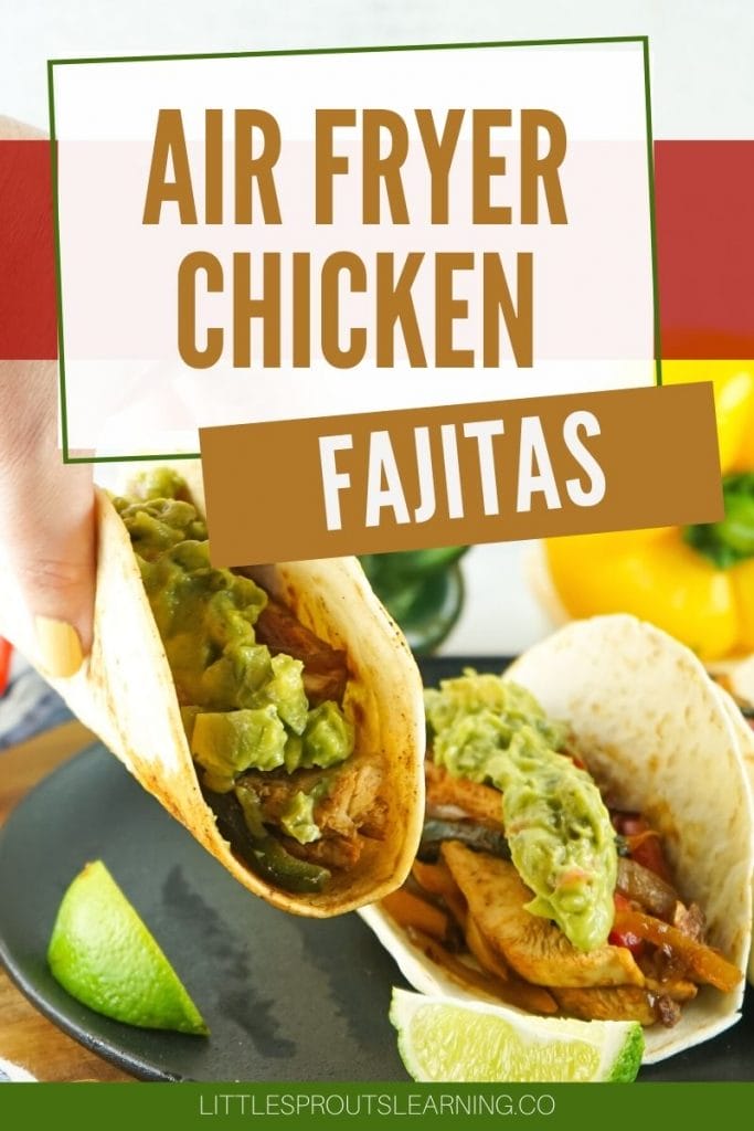 chicken fajitas topped with guacamole on a tortilla being held above a plate