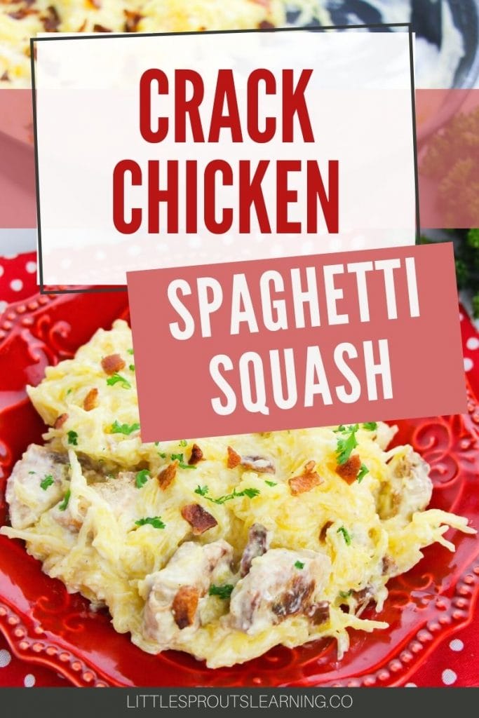 crack chicken spaghetti squash  on a red plate on the table