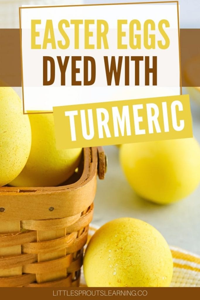 easter eggs dyed with turmeric in a basket and beside it