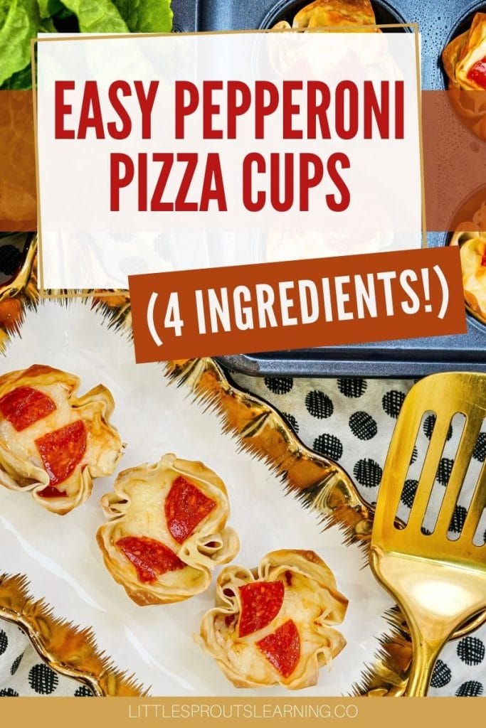 pepperoni pizza cups lined up on a plate next to a spatula and muffin tins full of pizza cups