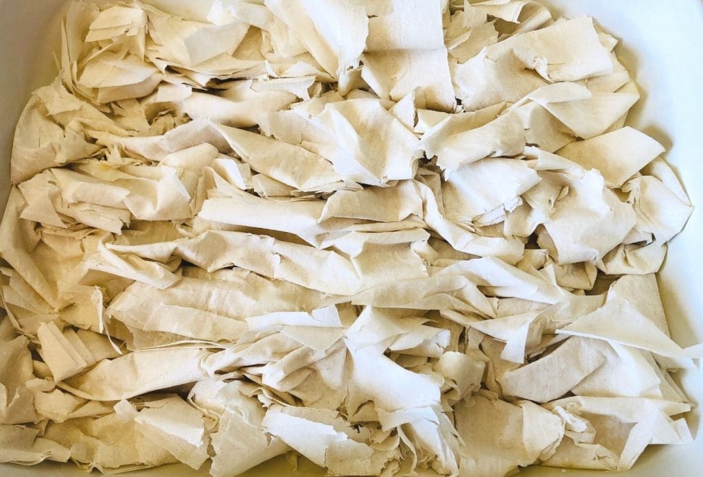 phyllo dough twisted together and crinkled in a casserole dish