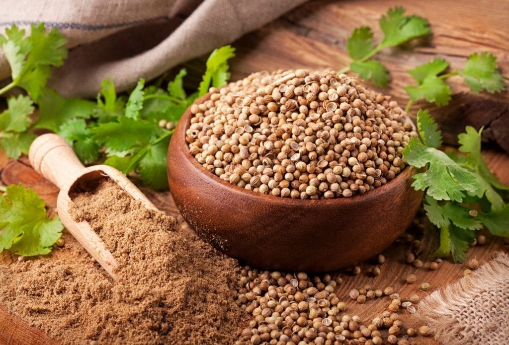 coriander seeds in a bowl and on a board with ground coriander and some cilantro