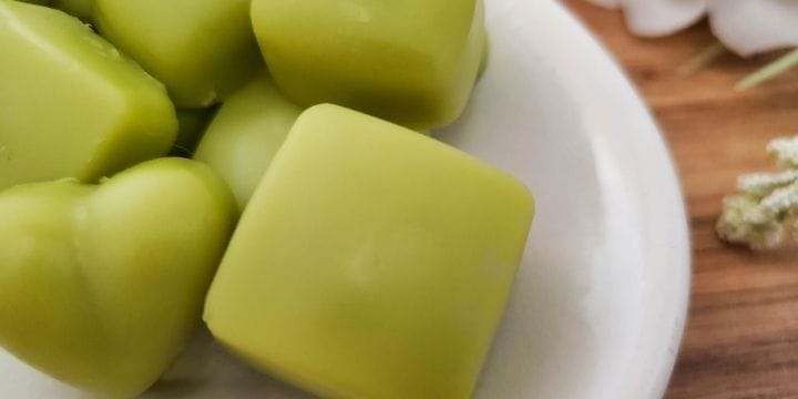 Lemongrass lotion bars on a white plate, squares and hearts