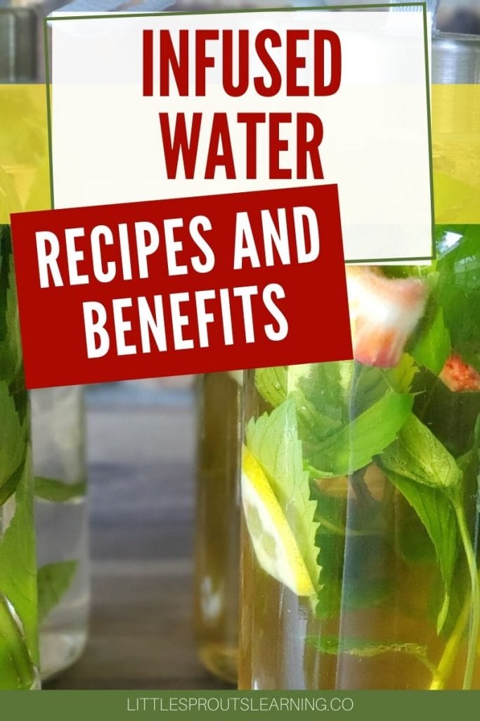 infused water bottles on a cabinet with fruit and herbs and tea inside