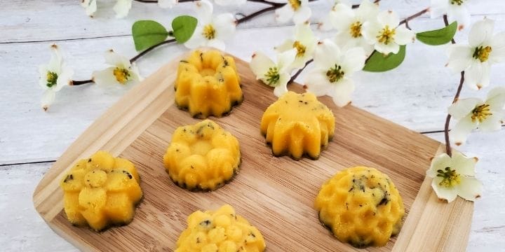 lavender bath melts on a board with some cherry blossoms