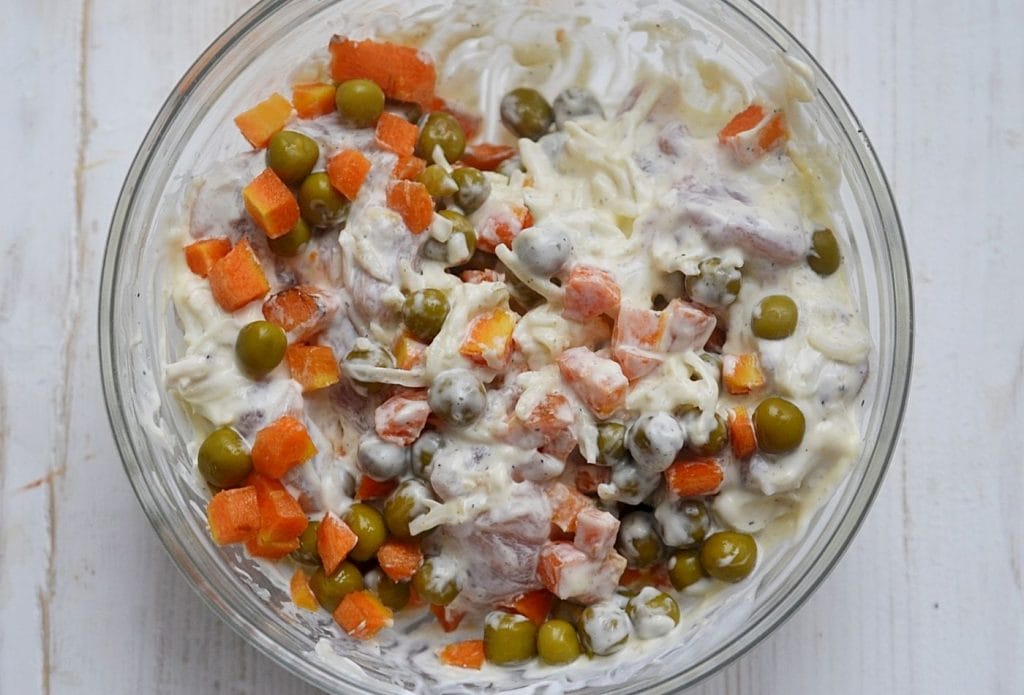 filling for leftover chicken pot pies in a bowl