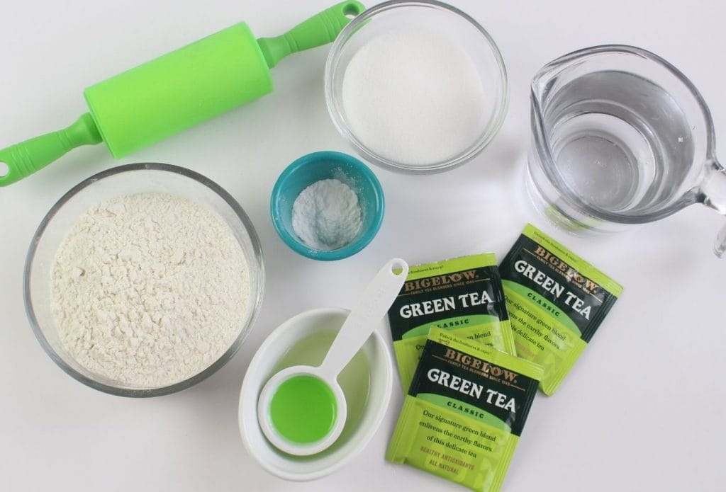 ingredients for diy green tea sensory playdough
