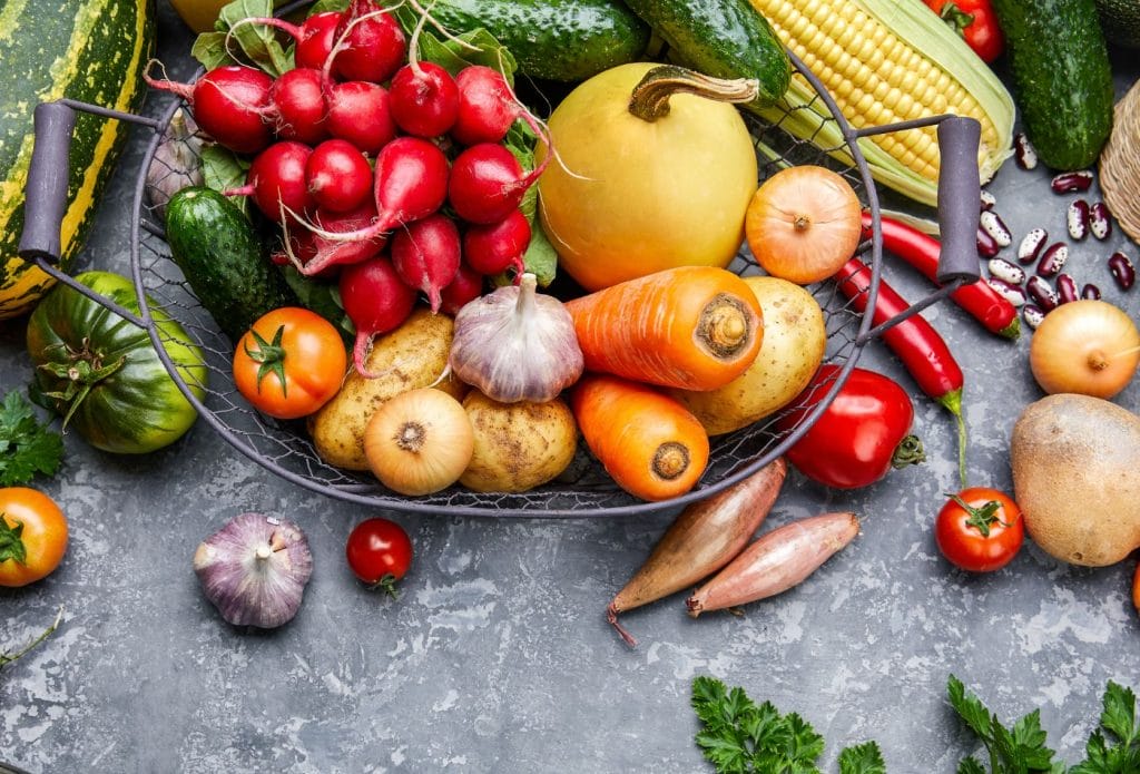survival storage foods in a basket on a counter
