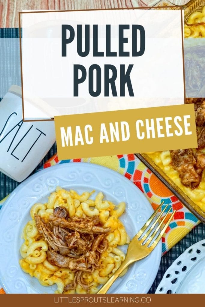 plate and dish of leftover bbq pulled pork topped mac and cheese