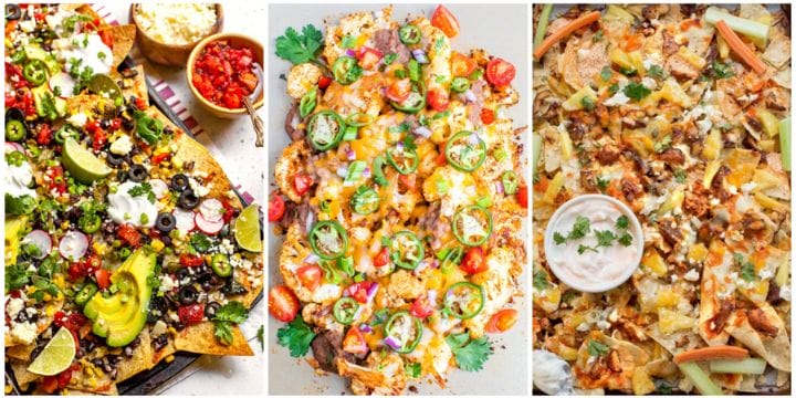 assorted pans of nachos on a collage