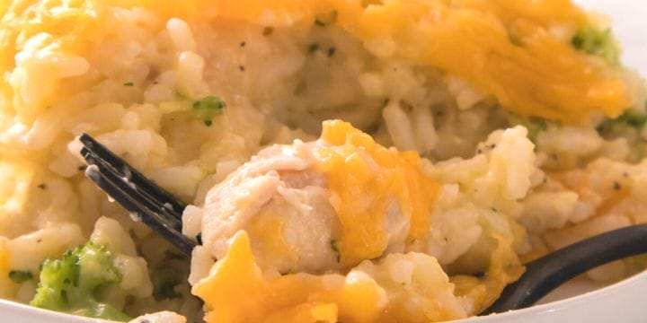 freezer hcicken broccoli rice casserole with melted cheese