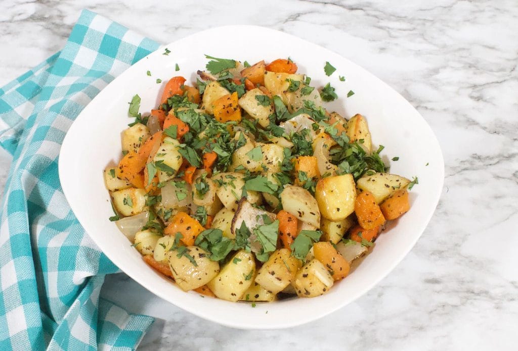 roasted root vegetables in a bowl